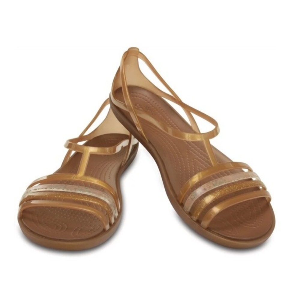 Crocs Isabella Strappy Sandals 9 Gold Bronze Glitter Leopard Print Flat Shoes